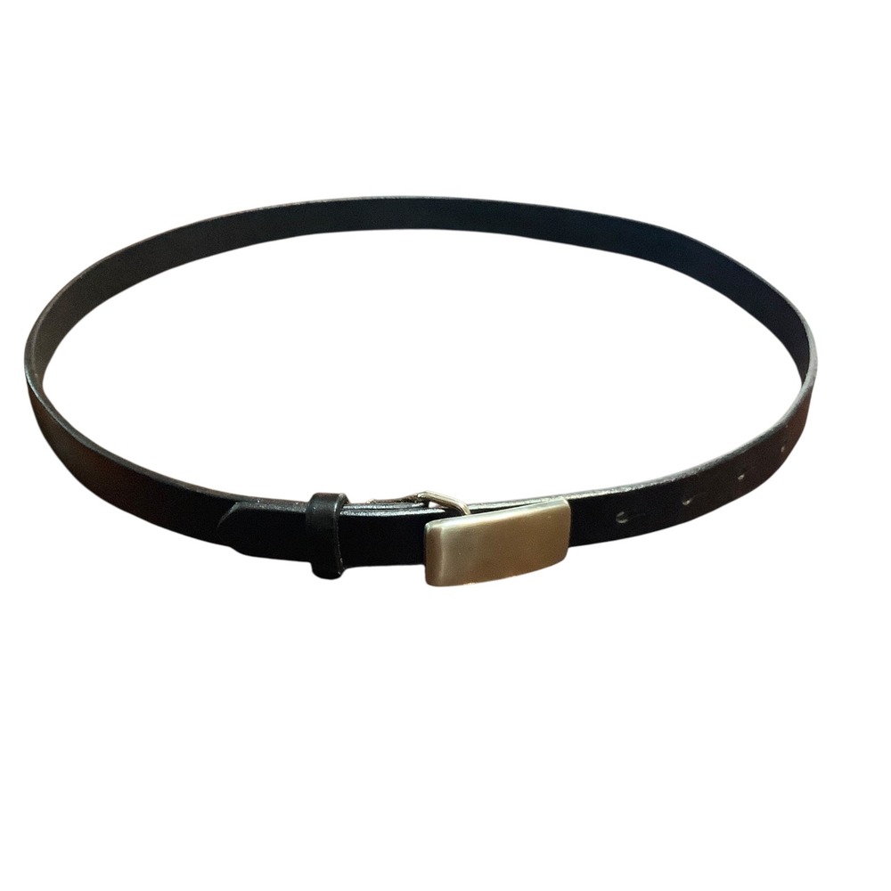 Black Italian Latigo Leather Skinny Belt Silver Plaque Buckle Large Minimalist